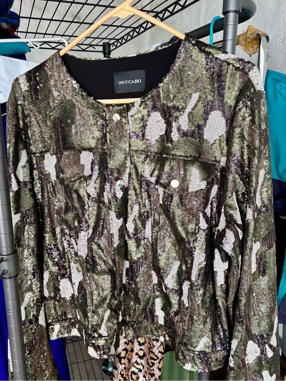 Dolce Cabo Green and Brown Sequin Camouflage Jean Jacket